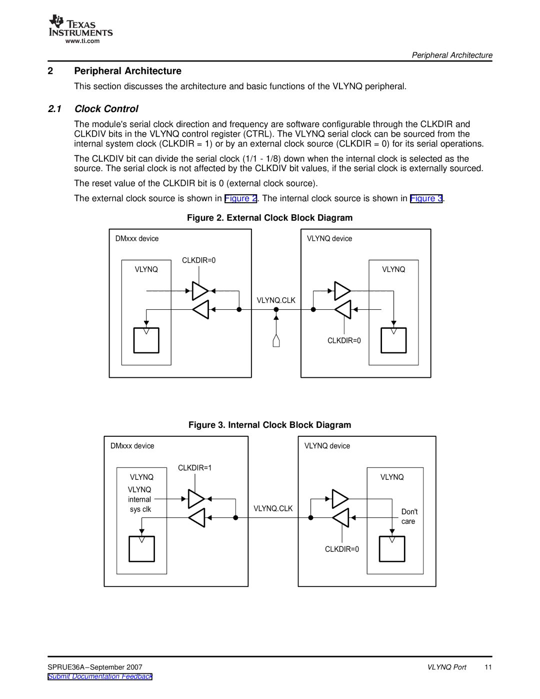 Texas Instruments VLYNQ Port manual Peripheral Architecture, Clock Control 