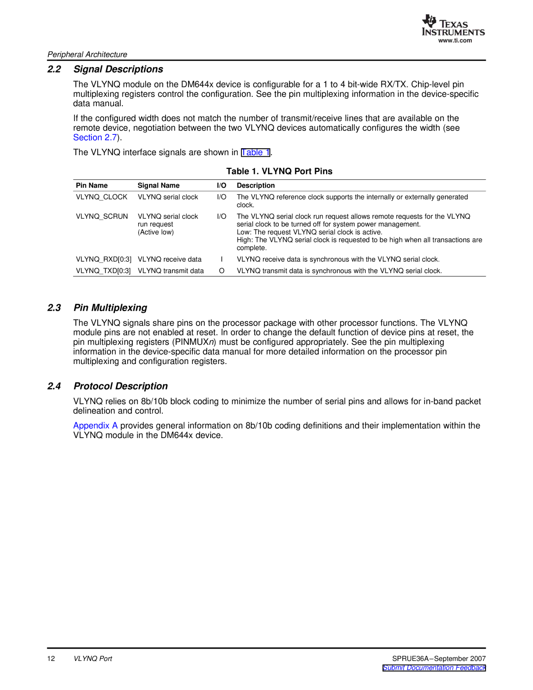 Texas Instruments VLYNQ Port manual Signal Descriptions, Pin Multiplexing, Protocol Description, Vlynq Port Pins 