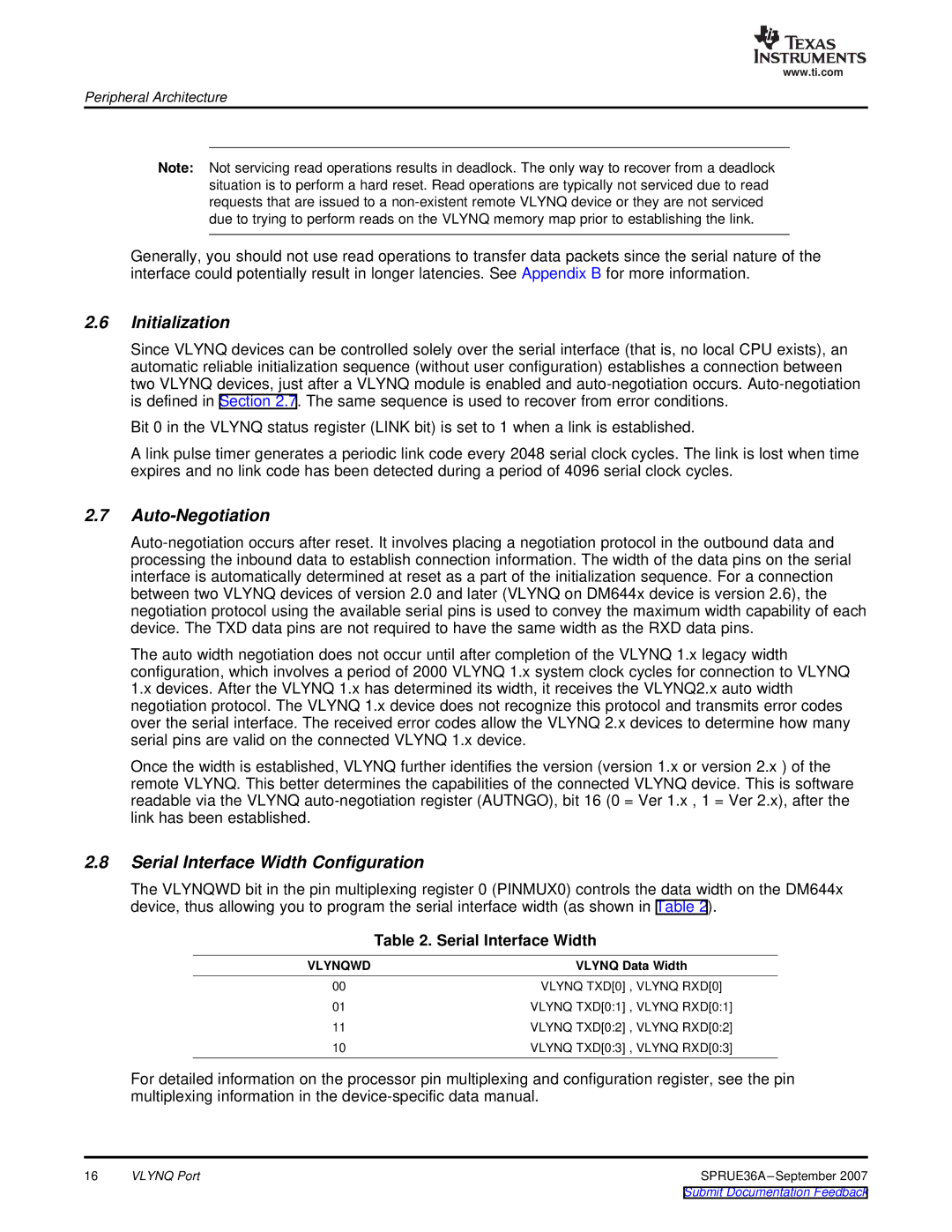 Texas Instruments VLYNQ Port manual Initialization, Auto-Negotiation, Serial Interface Width Configuration 