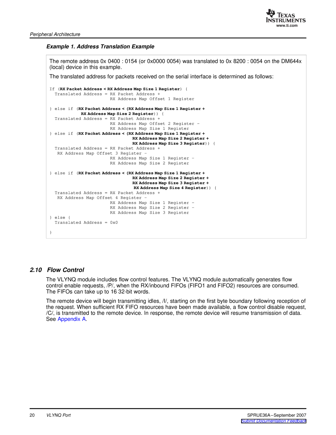 Texas Instruments VLYNQ Port manual Flow Control, Example 1. Address Translation Example 