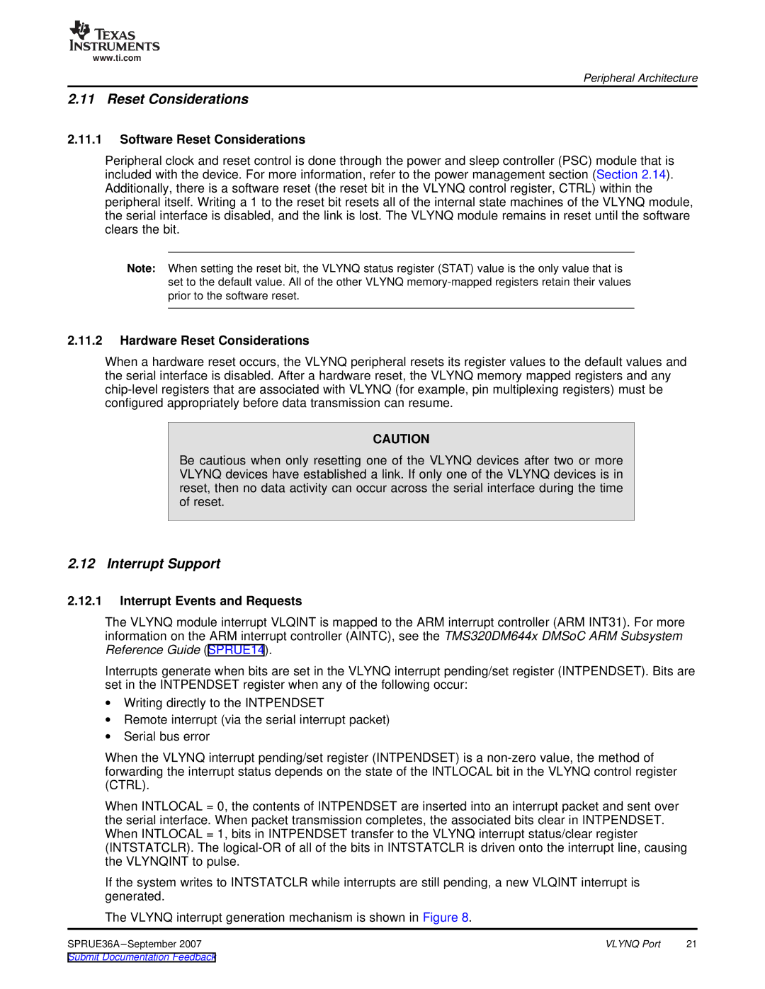 Texas Instruments VLYNQ Port manual Interrupt Support, Software Reset Considerations, Hardware Reset Considerations 