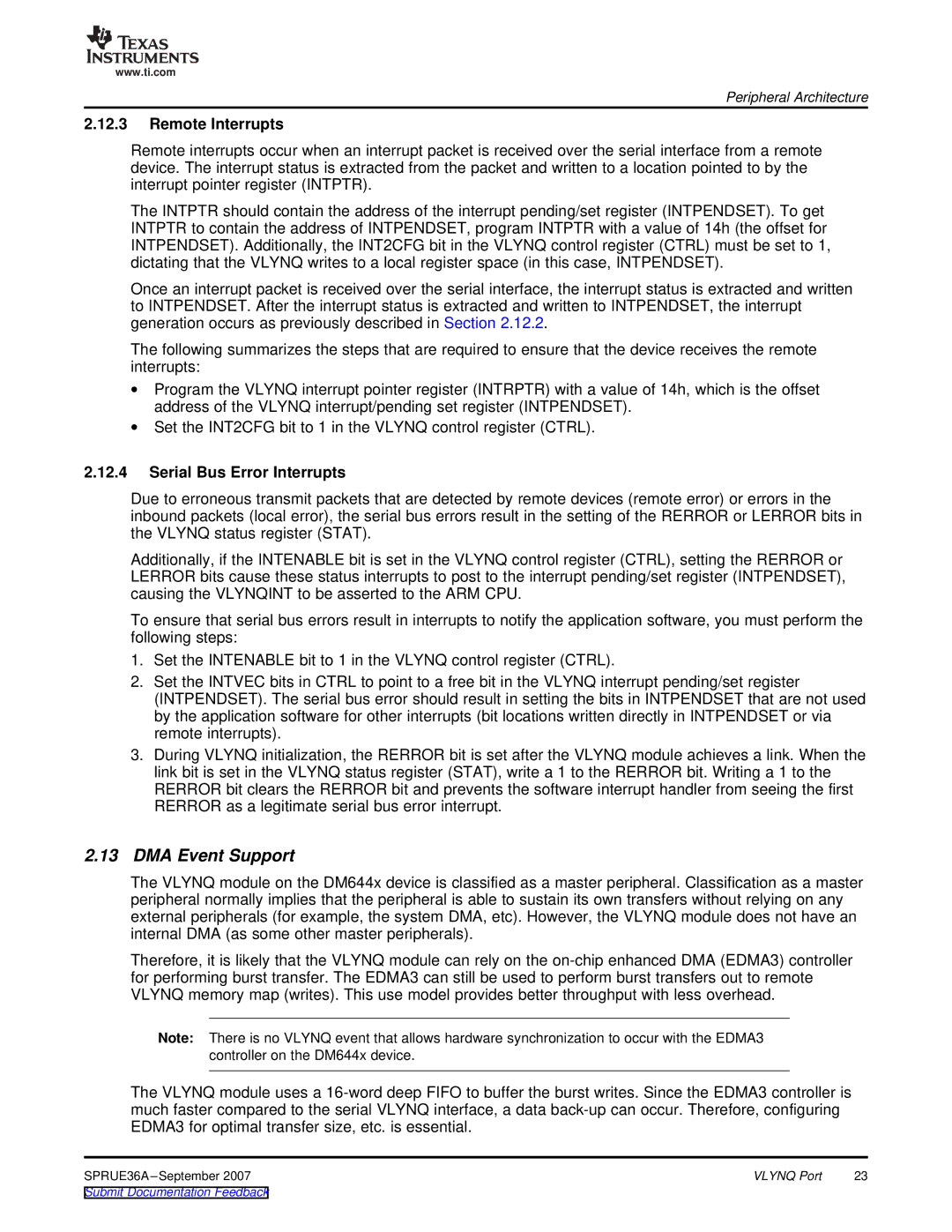 Texas Instruments VLYNQ Port manual DMA Event Support, Remote Interrupts, Serial Bus Error Interrupts 