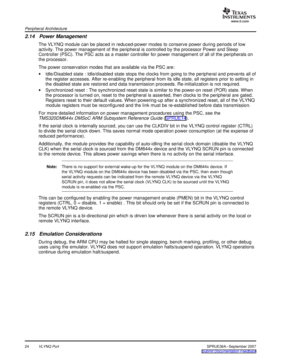 Texas Instruments VLYNQ Port manual Power Management, Emulation Considerations 