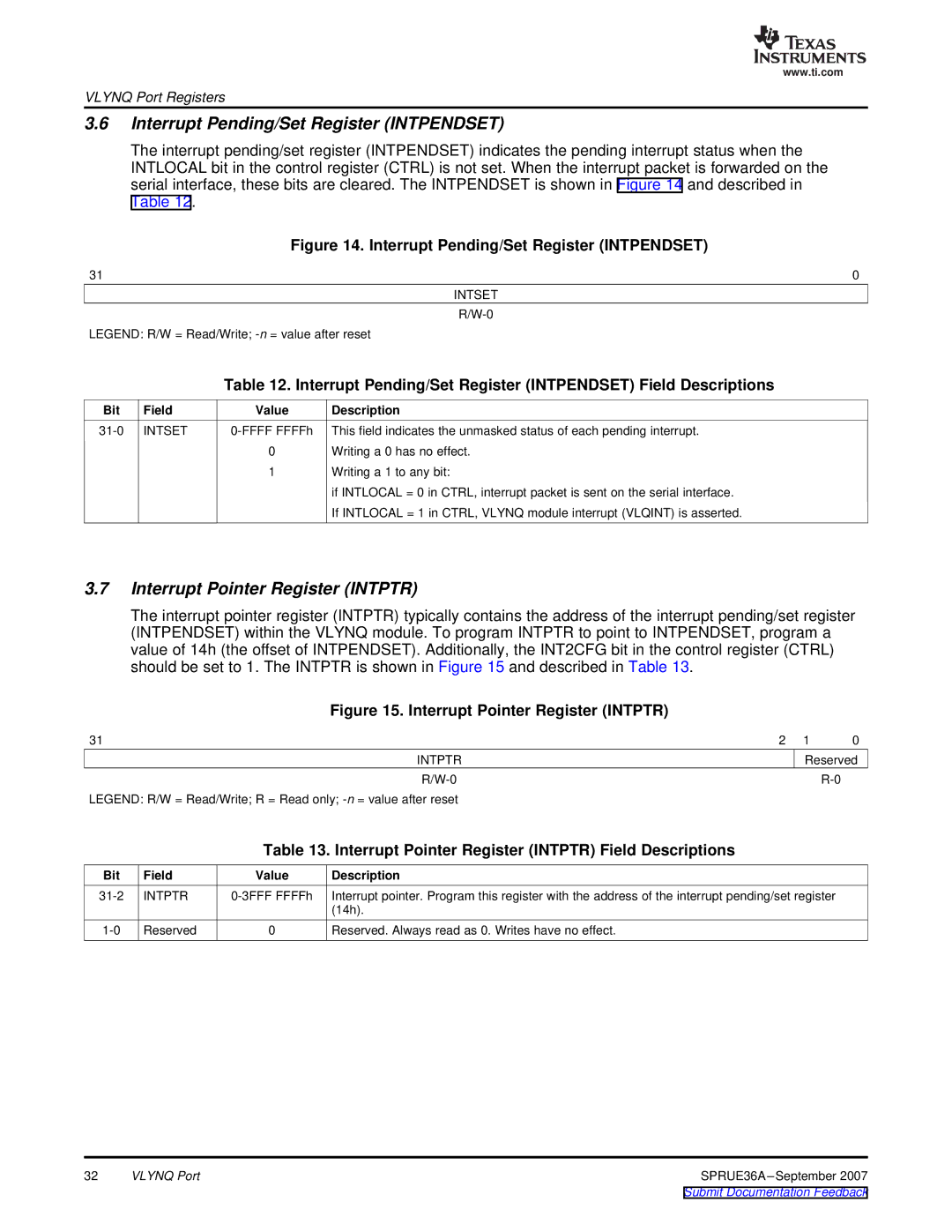 Texas Instruments VLYNQ Port manual Interrupt Pending/Set Register Intpendset, Interrupt Pointer Register Intptr, Intset 