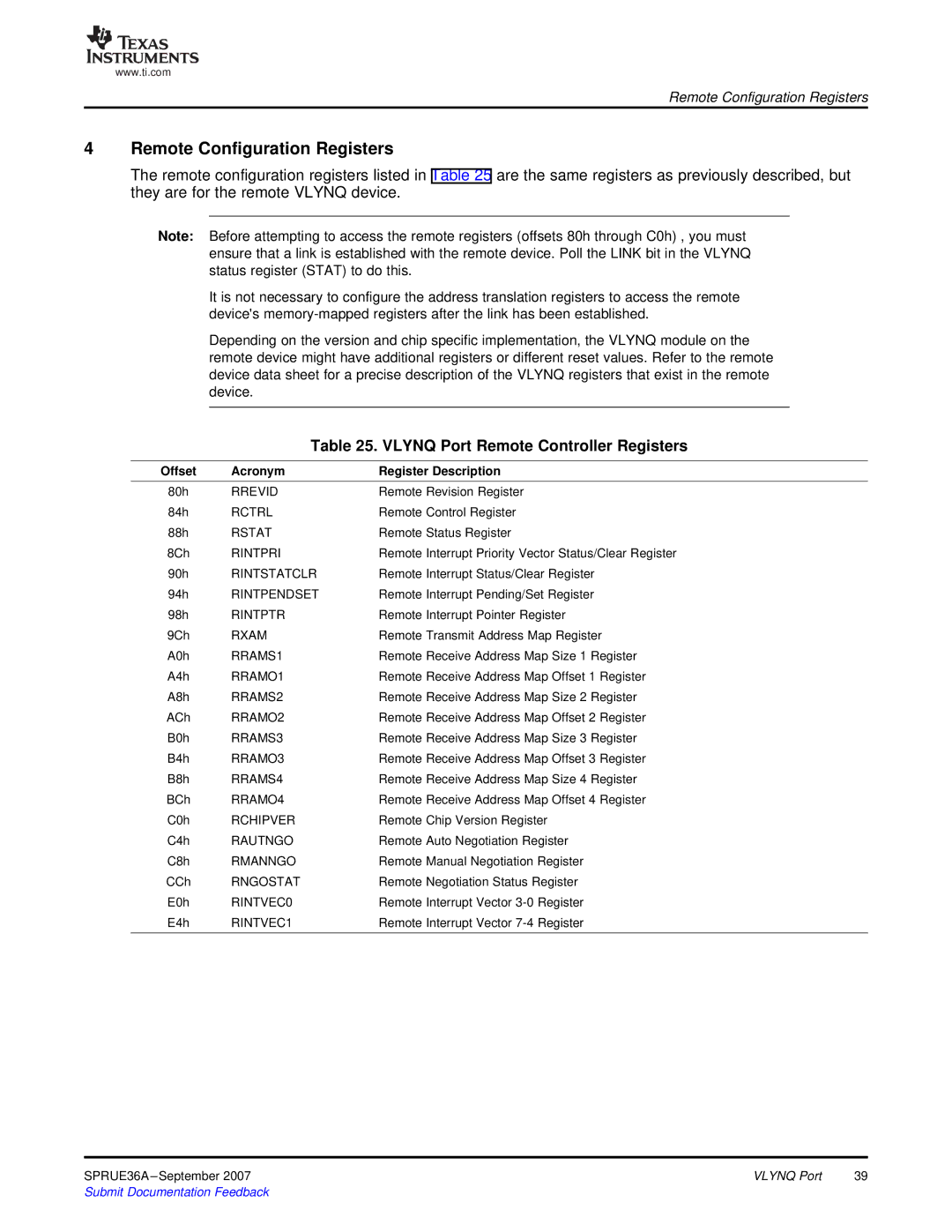 Texas Instruments VLYNQ Port manual Remote Configuration Registers, Vlynq Port Remote Controller Registers 