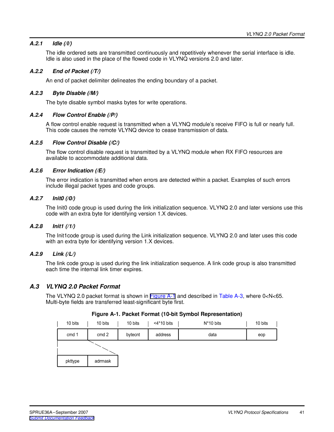 Texas Instruments VLYNQ Port manual Vlynq 2.0 Packet Format, Figure A-1. Packet Format 10-bit Symbol Representation 