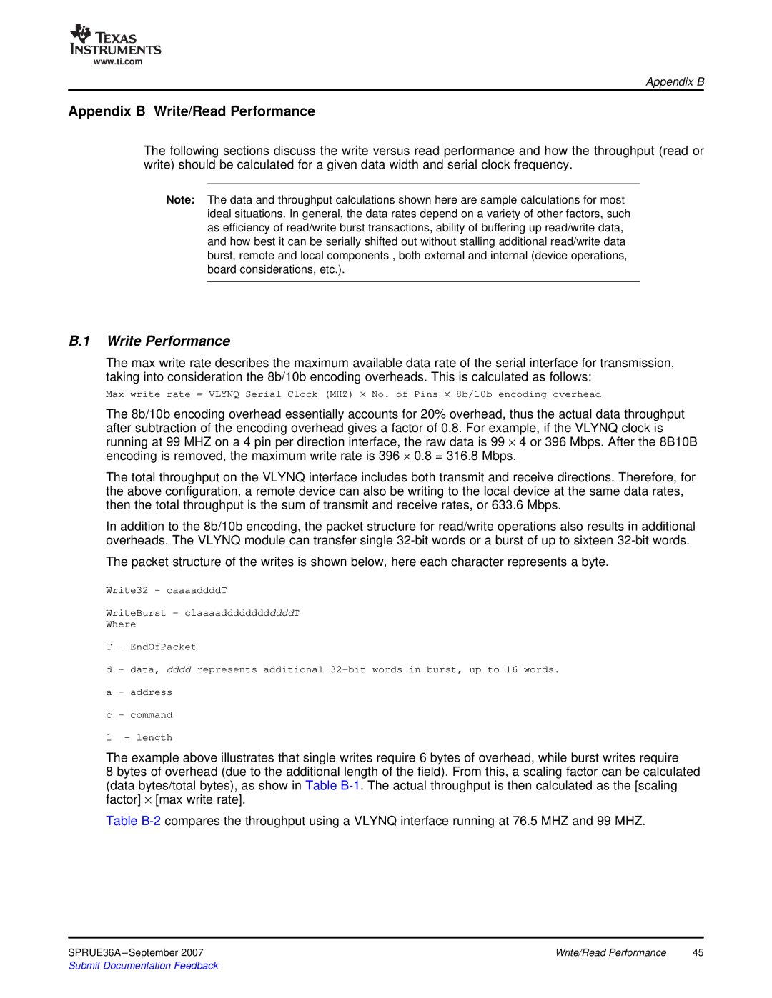 Texas Instruments VLYNQ Port manual Appendix B Write/Read Performance, Write Performance 