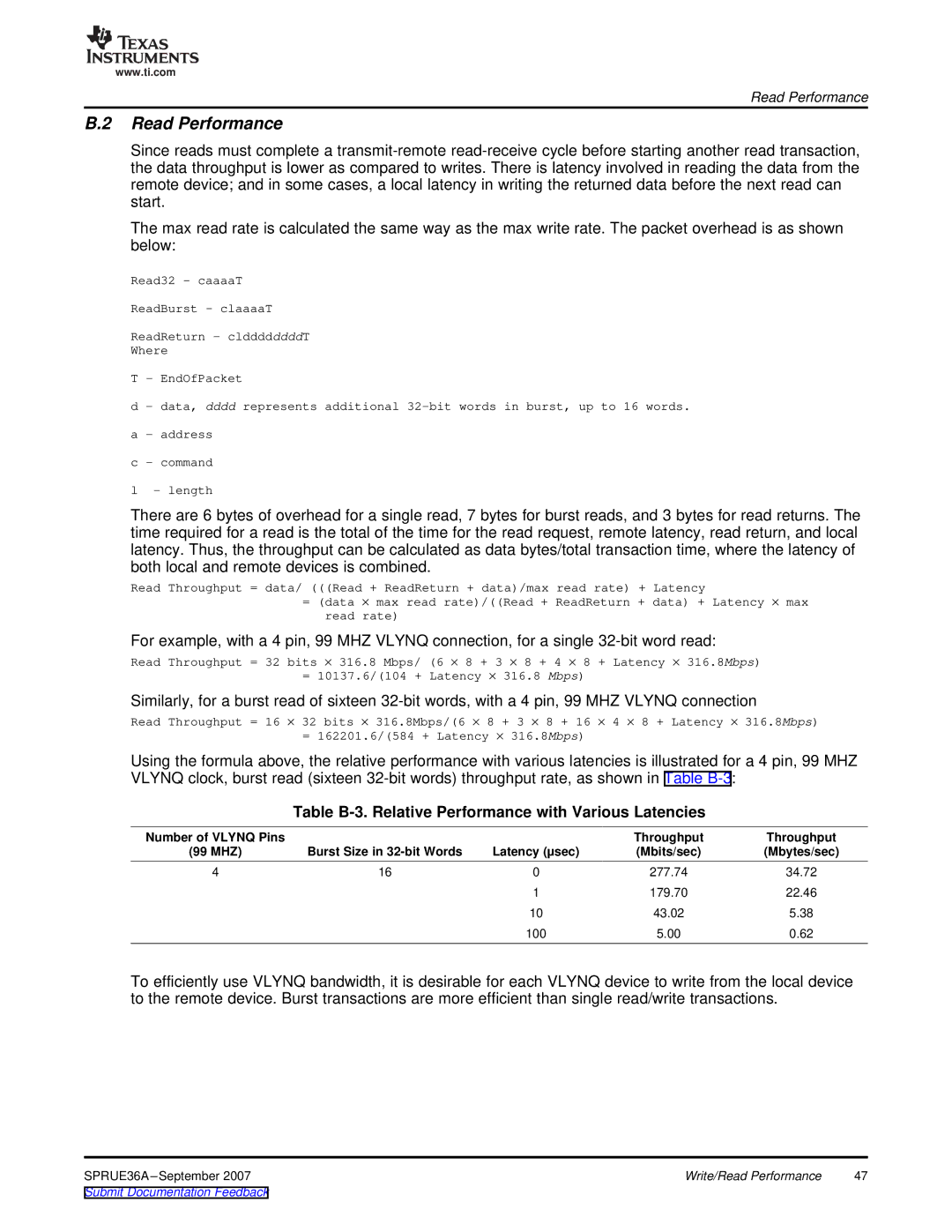 Texas Instruments VLYNQ Port manual Read Performance, Table B-3. Relative Performance with Various Latencies 