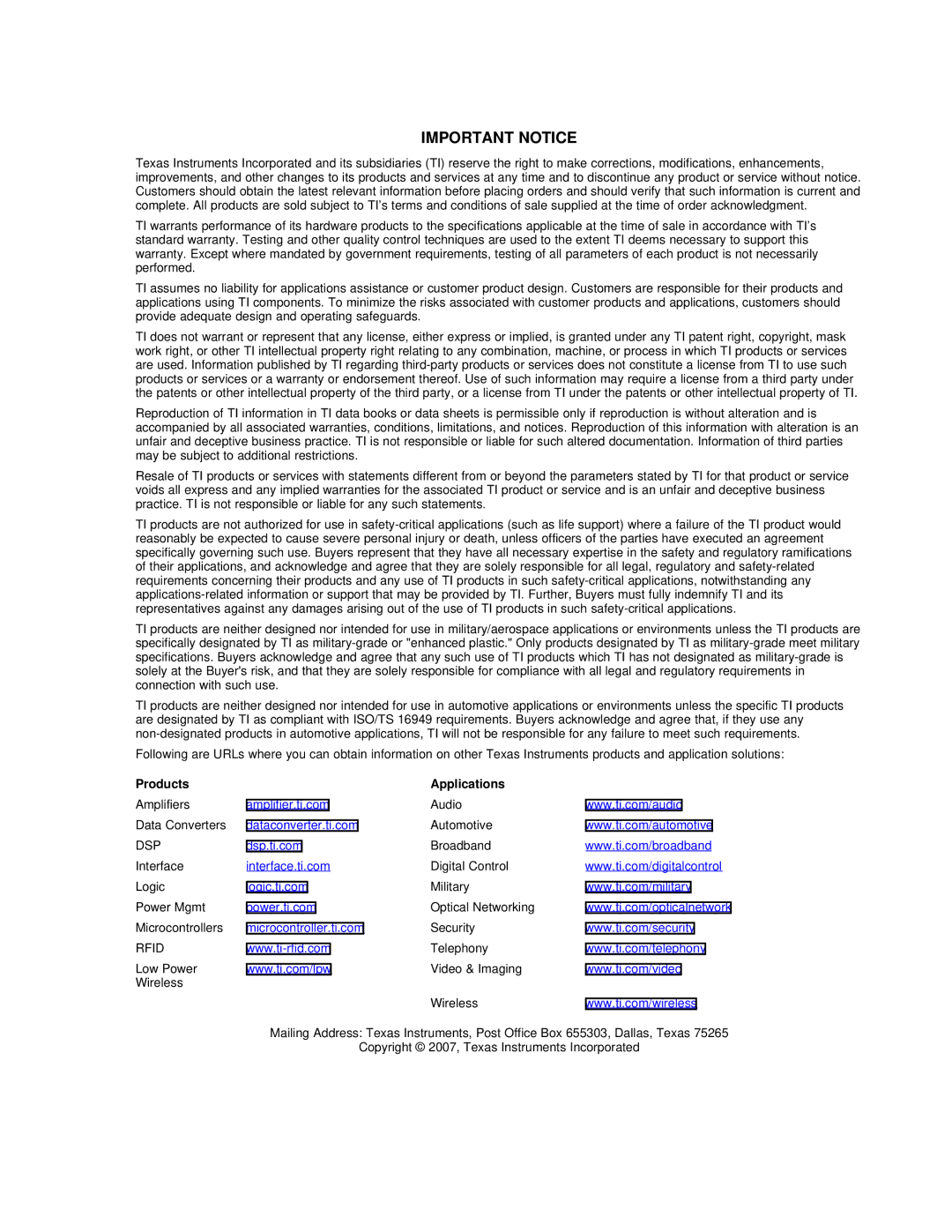 Texas Instruments VLYNQ Port manual Products Applications, Dsp, Rfid 