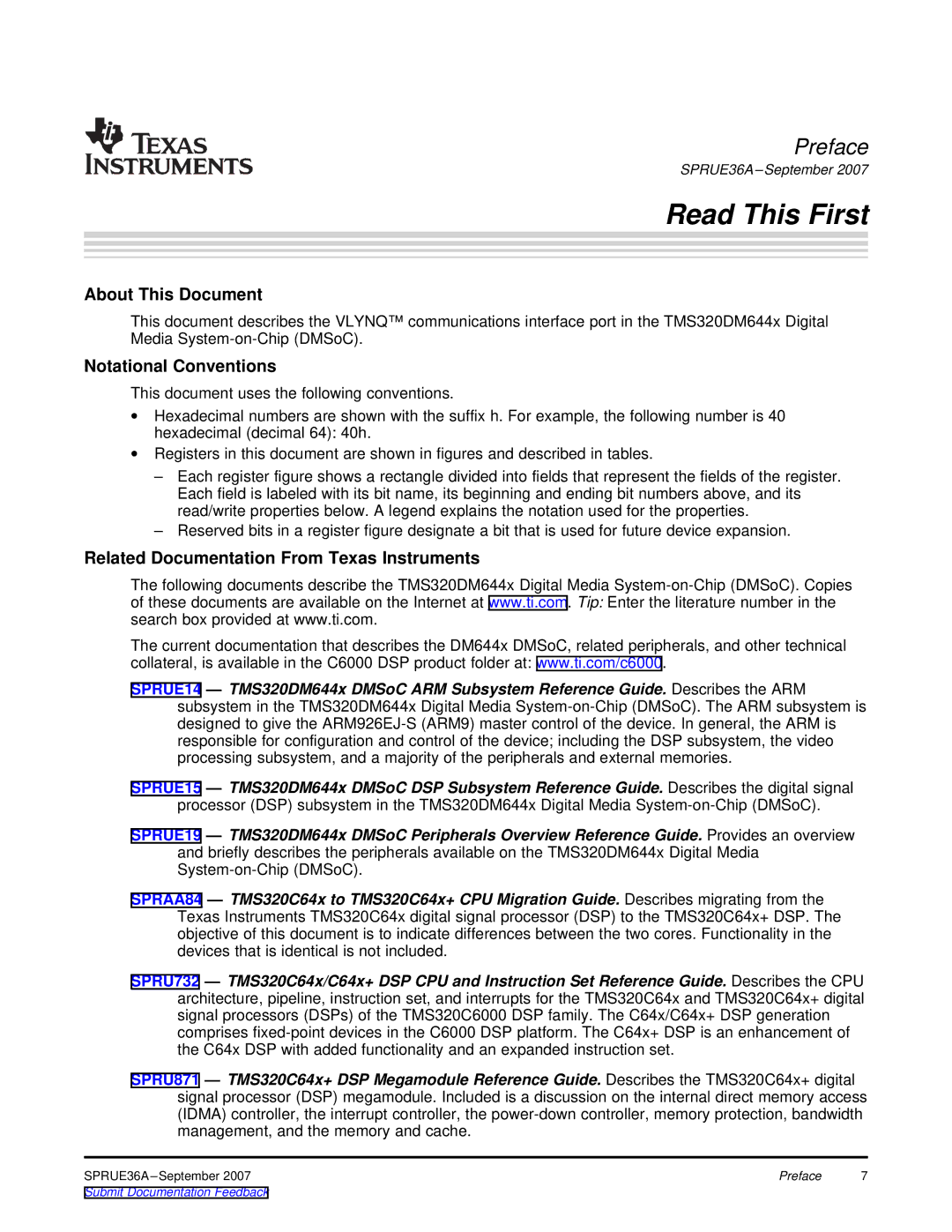 Texas Instruments VLYNQ Port About This Document, Notational Conventions, Related Documentation From Texas Instruments 