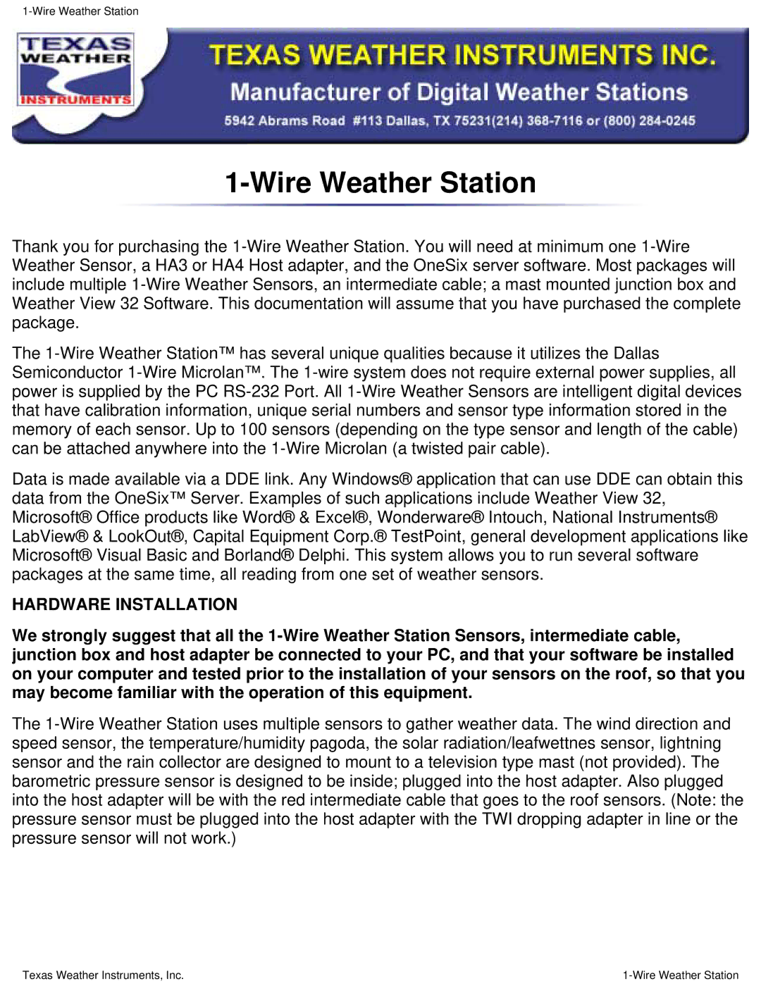 Texas Instruments Weather Radio manual Wire Weather Station, Hardware Installation 