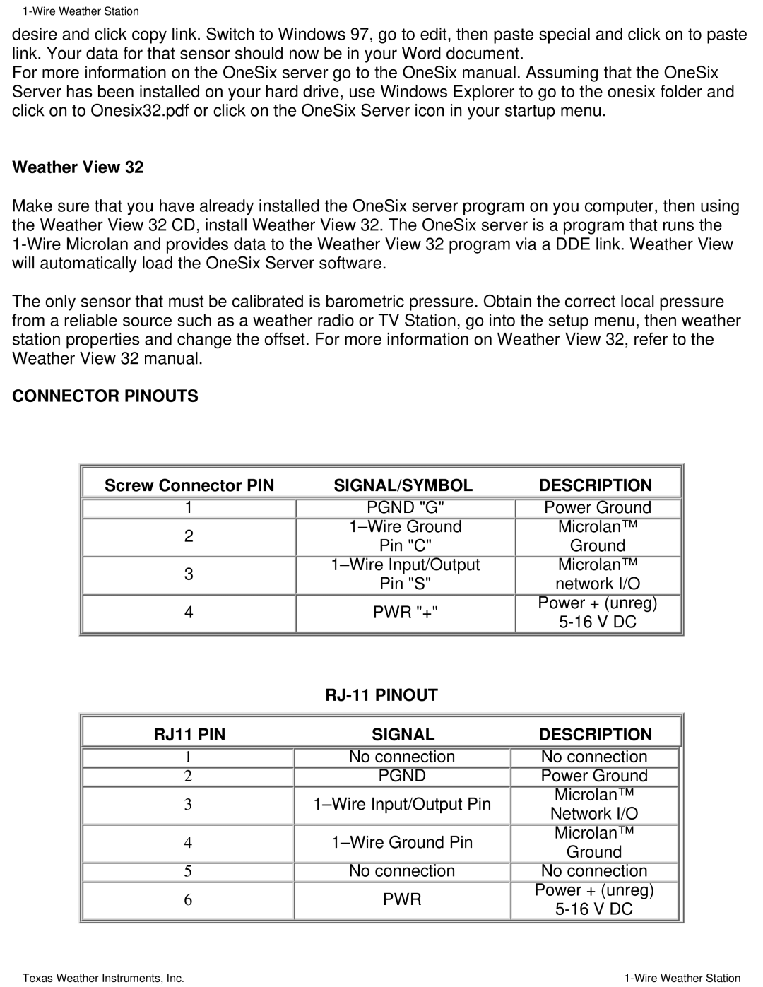 Texas Instruments Weather Radio manual Connector Pinouts, RJ-11 Pinout 