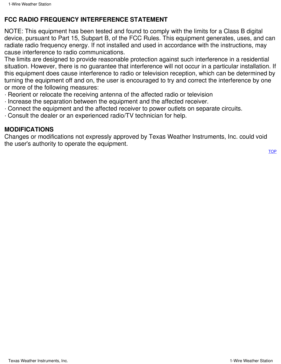 Texas Instruments Weather Radio manual FCC Radio Frequency Interference Statement, Modifications 