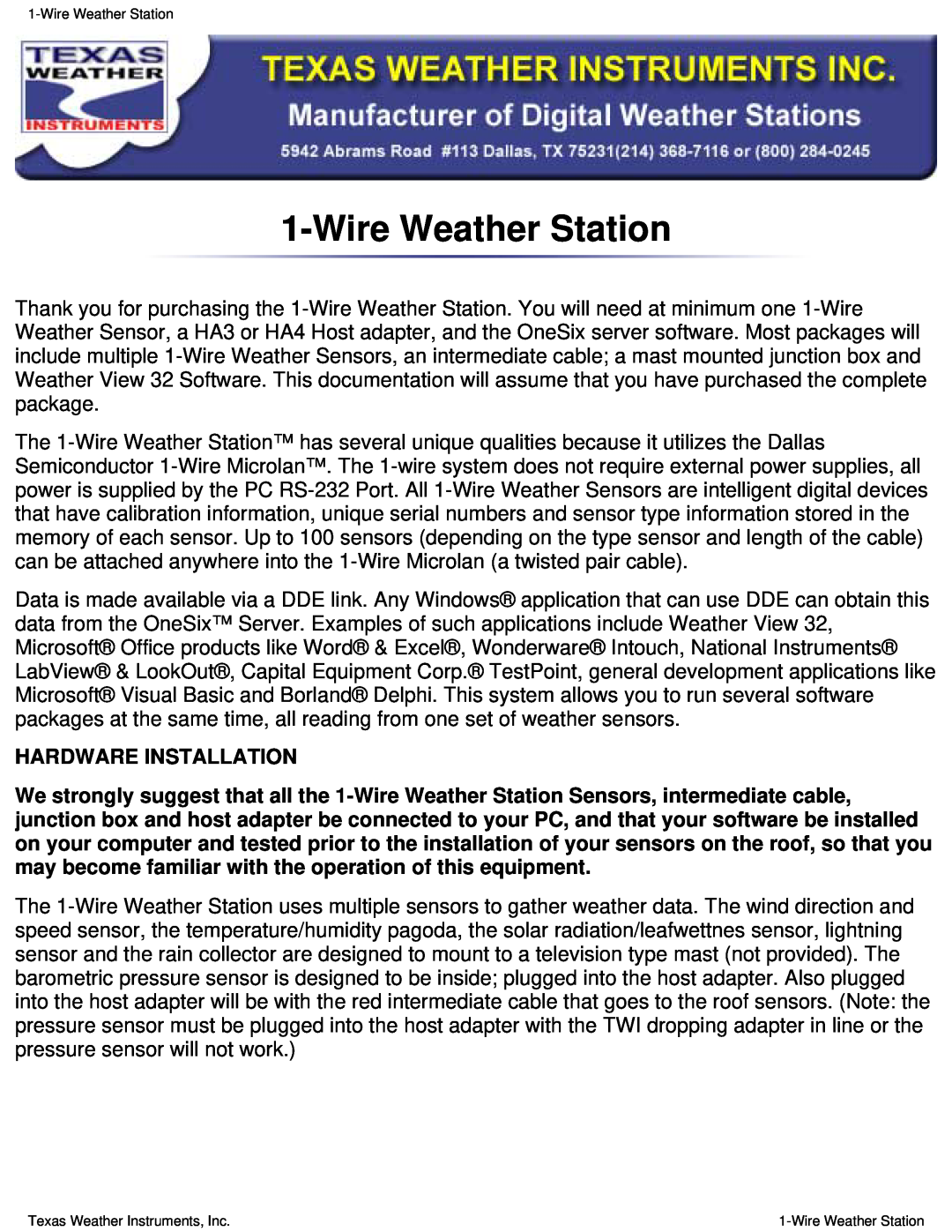 Texas Instruments Weather Radio manual Hardware Installation, WireWeather Station 
