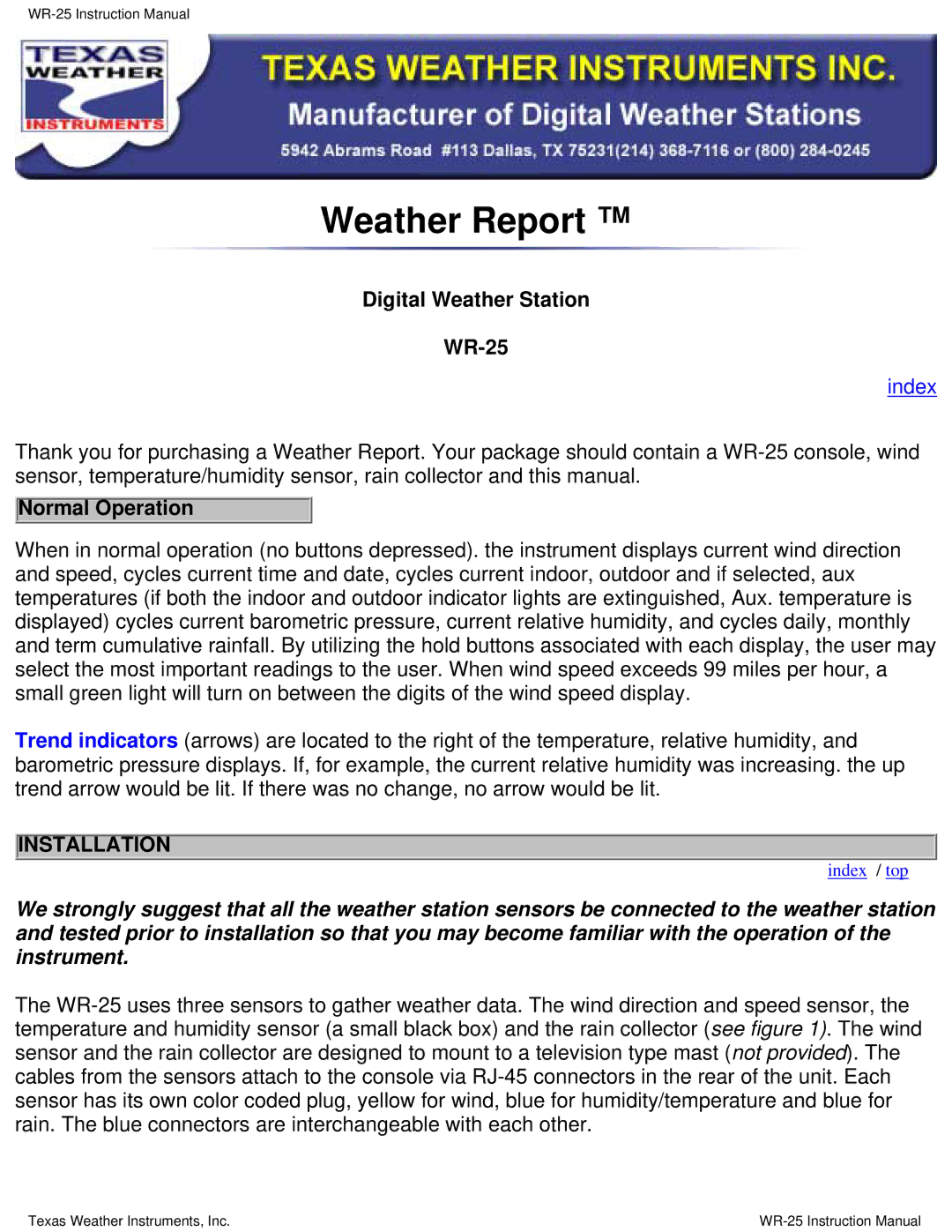 Texas Instruments instruction manual Weather Report, Digital Weather Station WR-25 