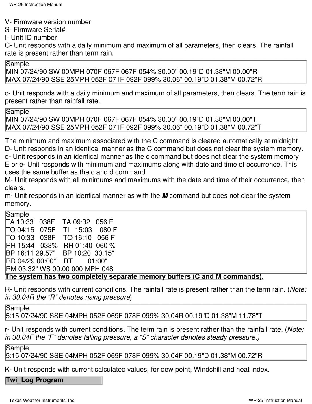 Texas Instruments WR-25 instruction manual Texas Weather Instruments, Inc 