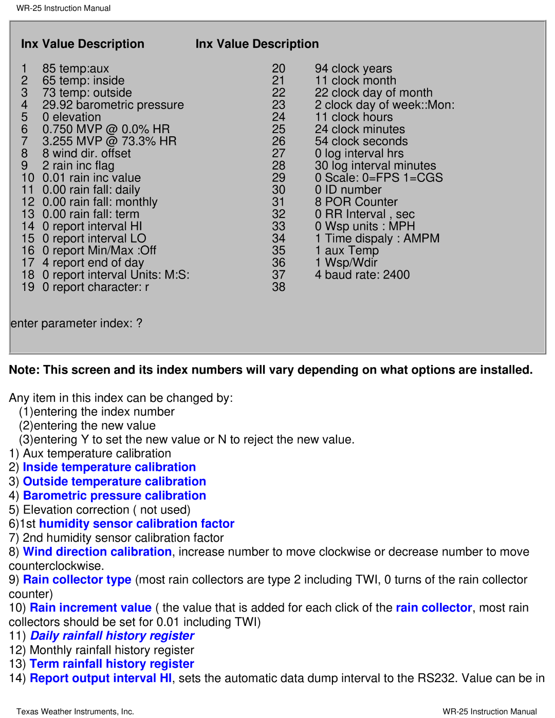 Texas Instruments WR-25 Inx Value Description, 61st humidity sensor calibration factor, Term rainfall history register 