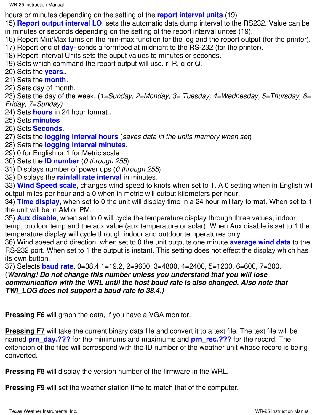 Texas Instruments WR-25 instruction manual Sets minutes Sets Seconds, Sets the logging interval minutes 