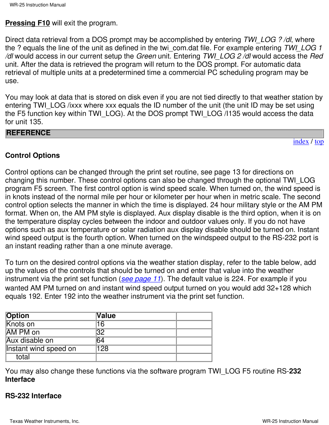 Texas Instruments WR-25 instruction manual Control Options, Interface RS-232 Interface 