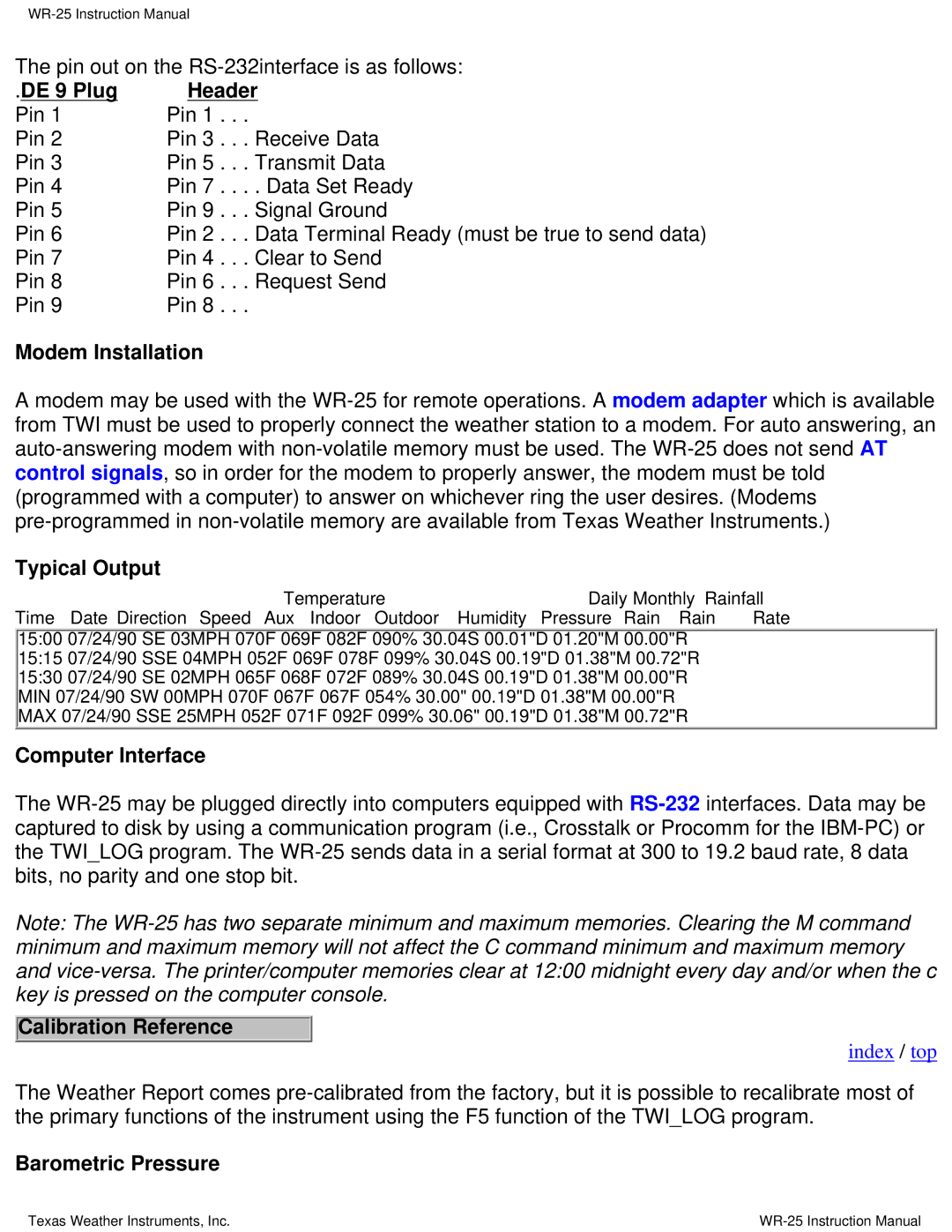 Texas Instruments WR-25 DE 9 Plug Header, Modem Installation, Typical Output, Computer Interface, Barometric Pressure 