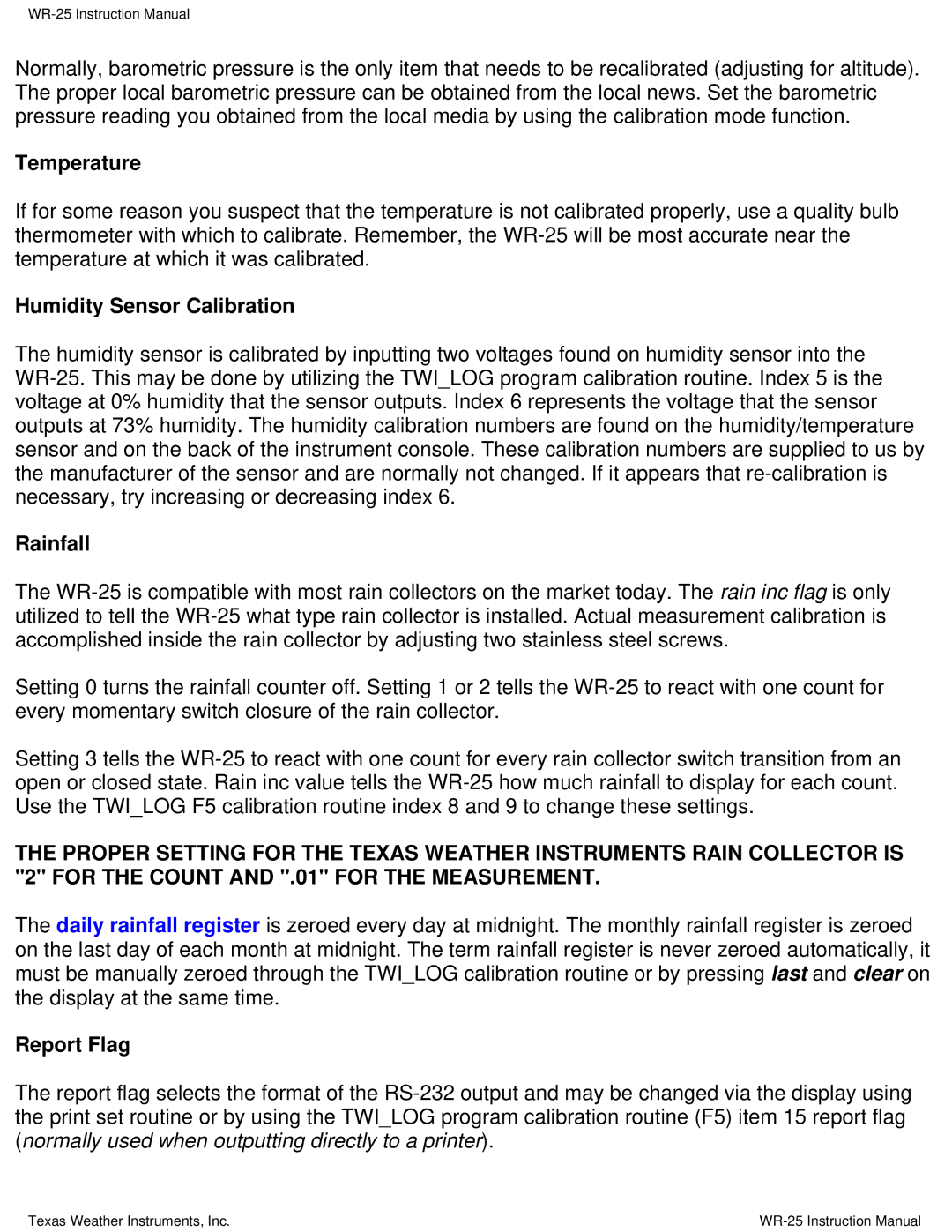 Texas Instruments WR-25 instruction manual Temperature, Rainfall, Report Flag 