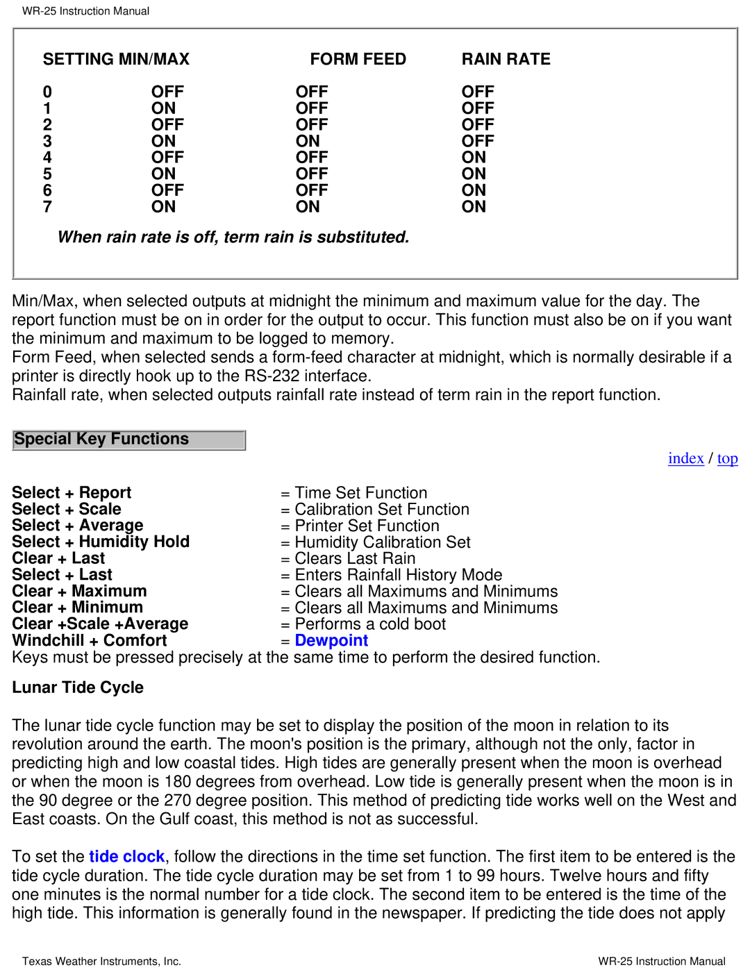 Texas Instruments WR-25 instruction manual = Dewpoint, Lunar Tide Cycle 