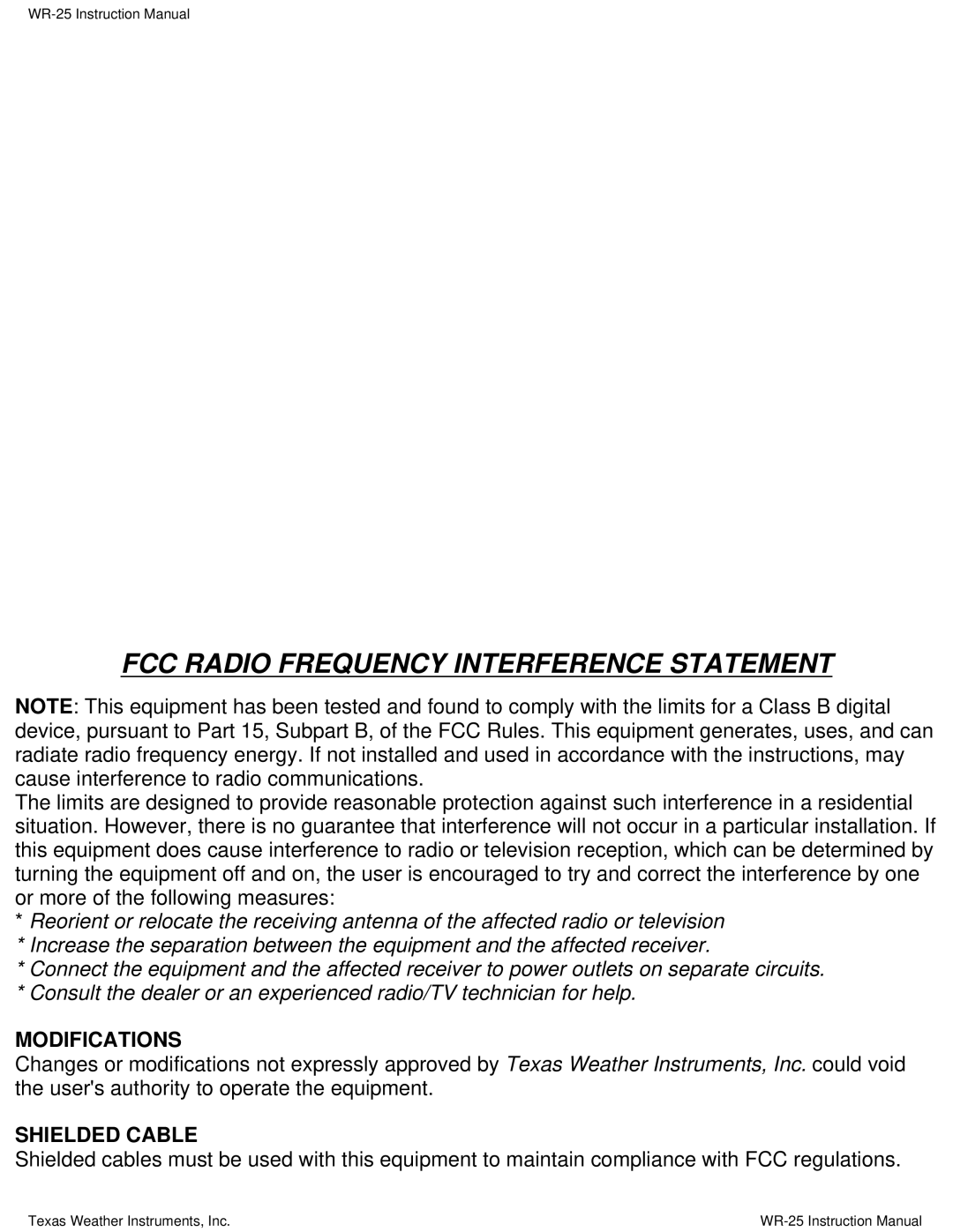 Texas Instruments WR-25 instruction manual FCC Radio Frequency Interference Statement 