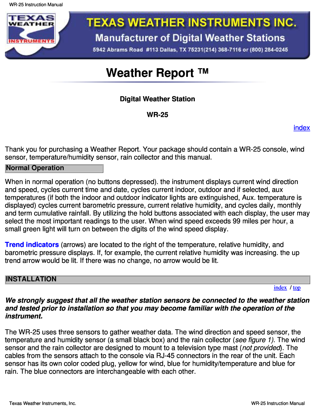 Texas Instruments instruction manual Weather Report, Digital Weather Station WR-25 