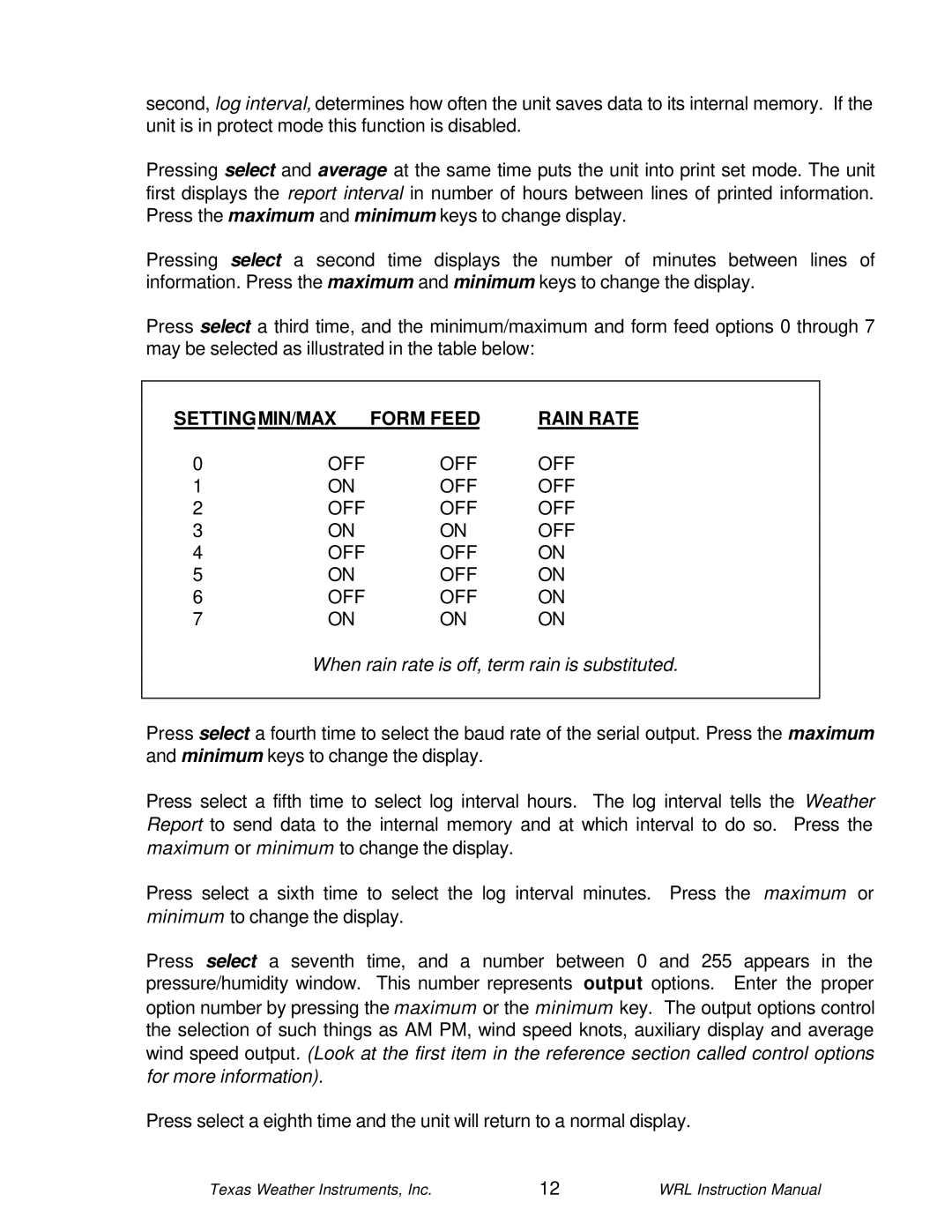 Texas Instruments WRL-10 instruction manual SETTINGMIN/MAX Form Feed Rain Rate 