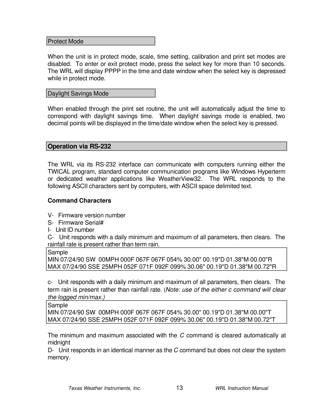 Texas Instruments WRL-10 instruction manual Operation via RS-232, Command Characters 