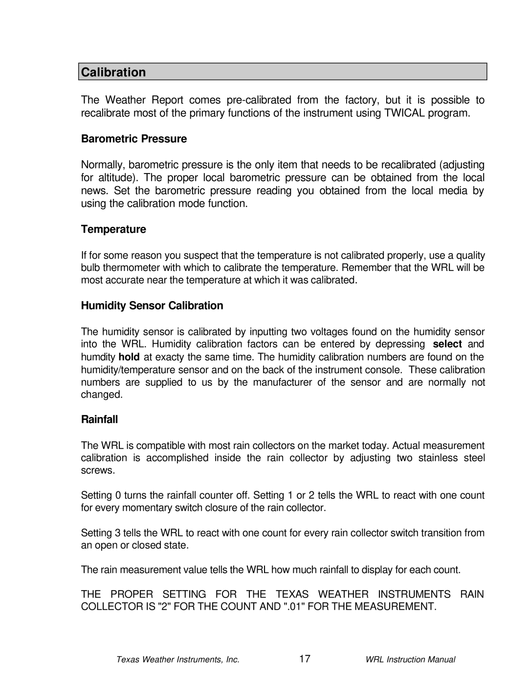 Texas Instruments WRL-10 instruction manual Barometric Pressure, Temperature, Humidity Sensor Calibration, Rainfall 