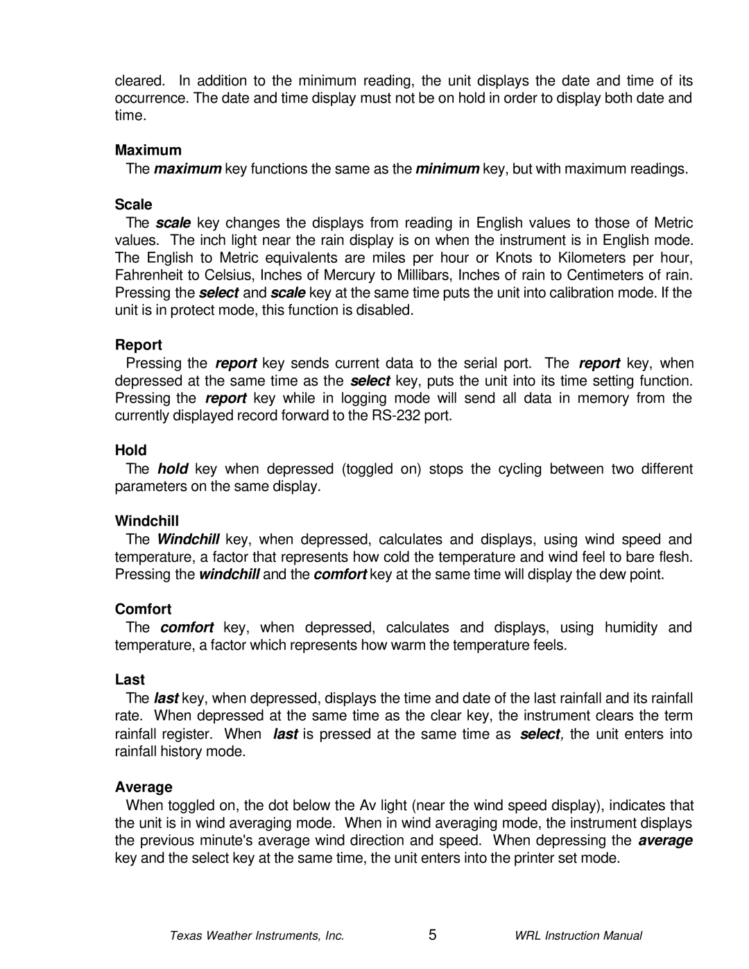 Texas Instruments WRL-10 instruction manual Maximum, Scale, Report, Hold, Windchill, Comfort, Last, Average 