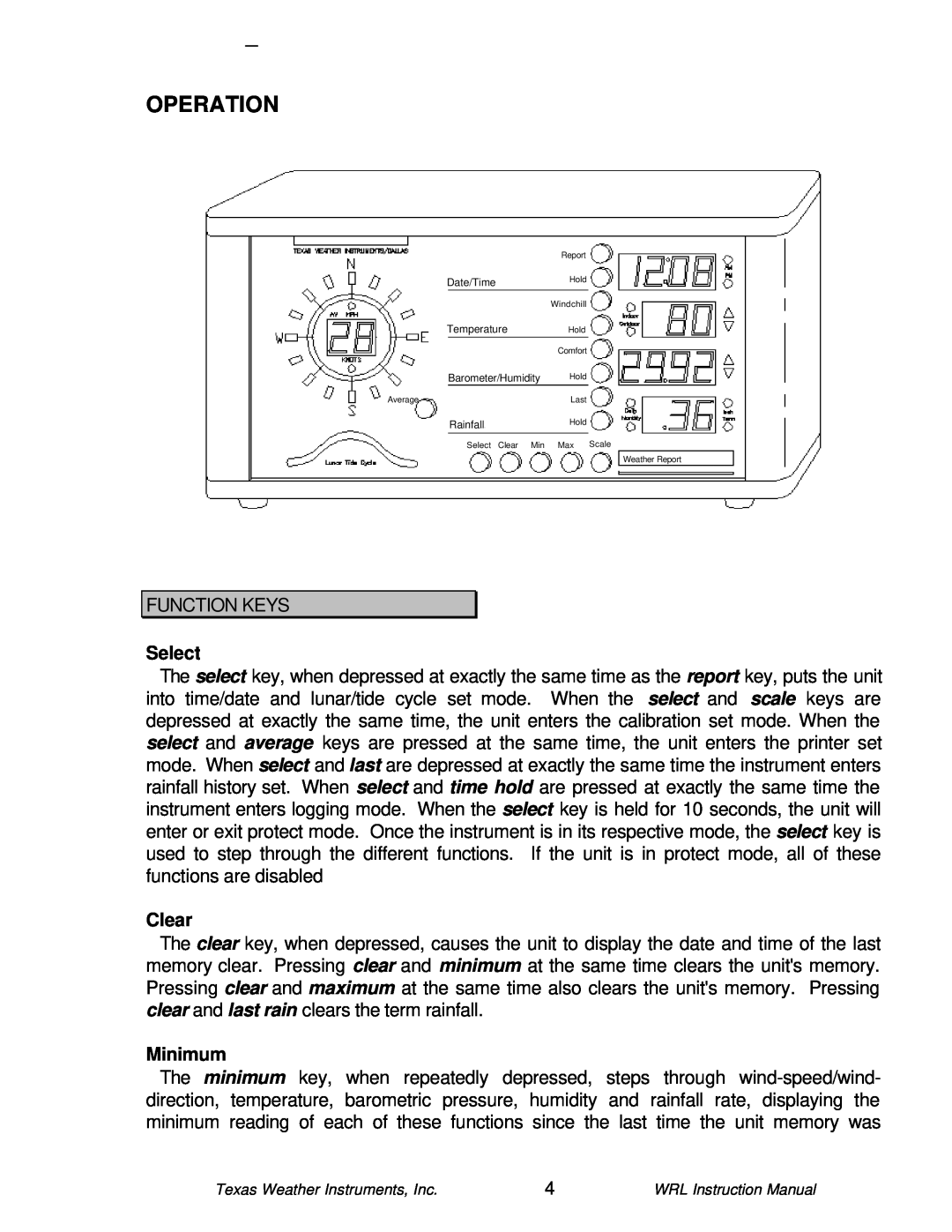 Texas Instruments WRL-10 instruction manual Operation, Select, Clear, Minimum 