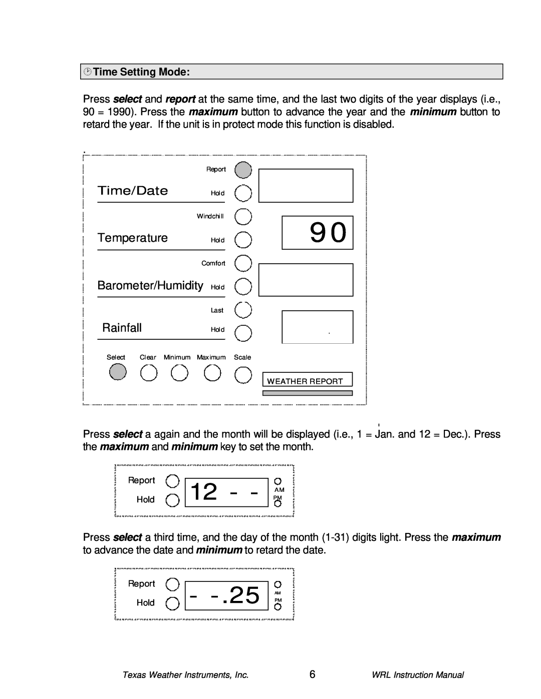 Texas Instruments WRL-10 instruction manual Hold, ¸Time Setting Mode, Time/Date Temperature, Barometer/Humidity Rainfall 