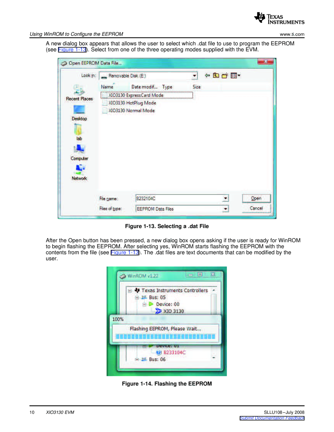 Texas Instruments XIO3130 EVM manual Selecting a .dat File 