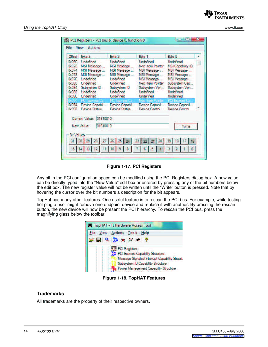 Texas Instruments XIO3130 EVM manual Trademarks, PCI Registers 