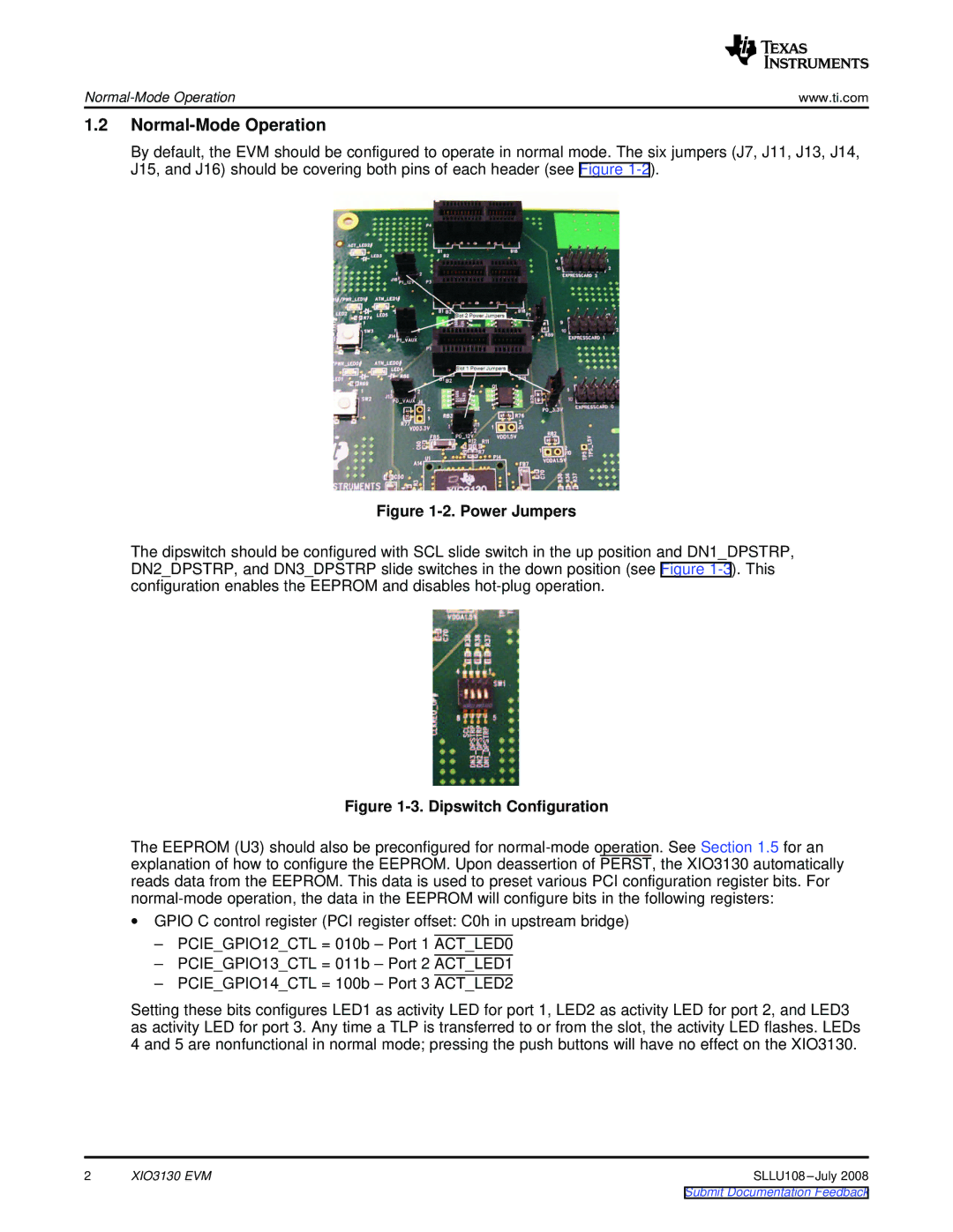 Texas Instruments XIO3130 EVM manual Normal-Mode Operation, Power Jumpers 