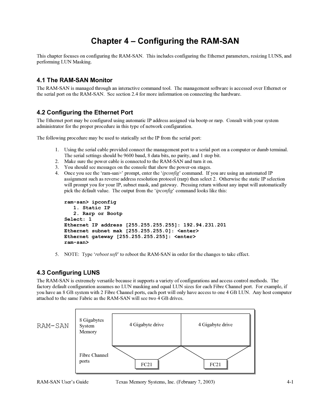 Texas Memory Systems RAM-SAN 520 Configuring the RAM-SAN, RAM-SAN Monitor, Configuring the Ethernet Port, Configuring Luns 