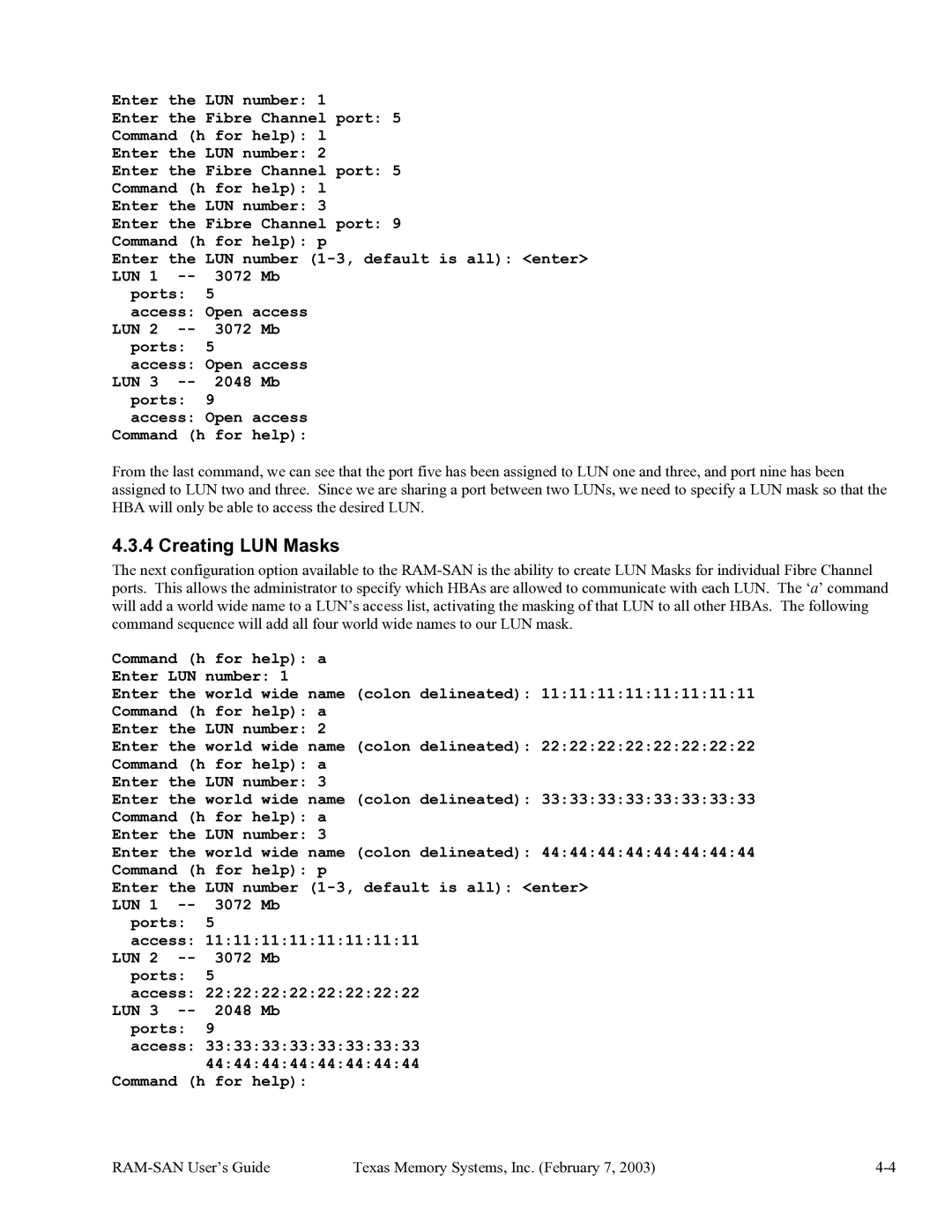 Texas Memory Systems RAM-SAN 520 manual Creating LUN Masks 