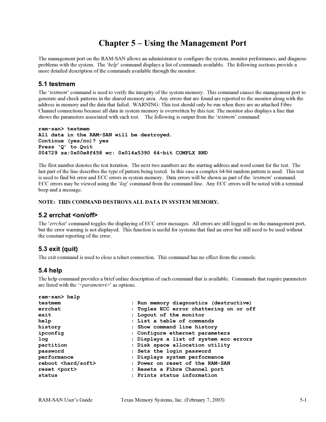 Texas Memory Systems RAM-SAN 520 manual Testmem, Errchat on/off, Exit quit, Help 