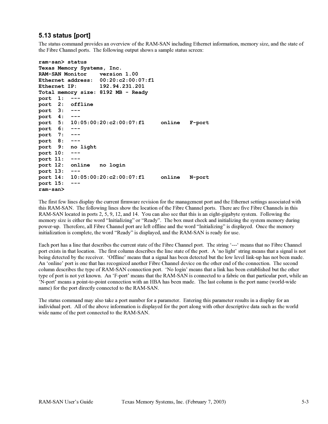 Texas Memory Systems RAM-SAN 520 manual Status port 