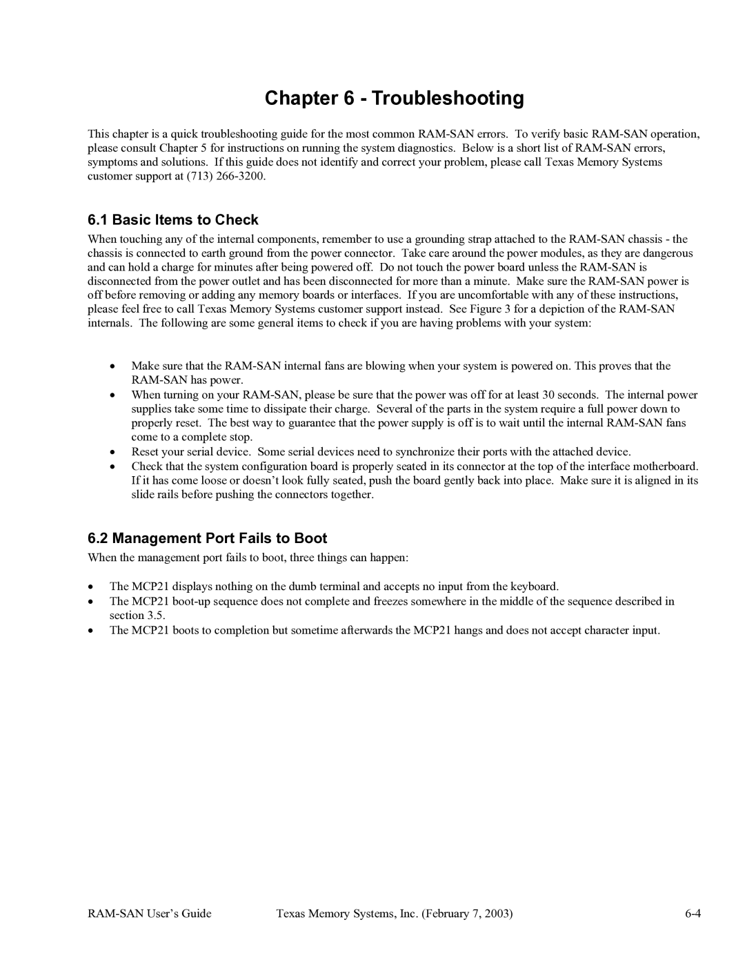 Texas Memory Systems RAM-SAN 520 manual Troubleshooting, Basic Items to Check, Management Port Fails to Boot 
