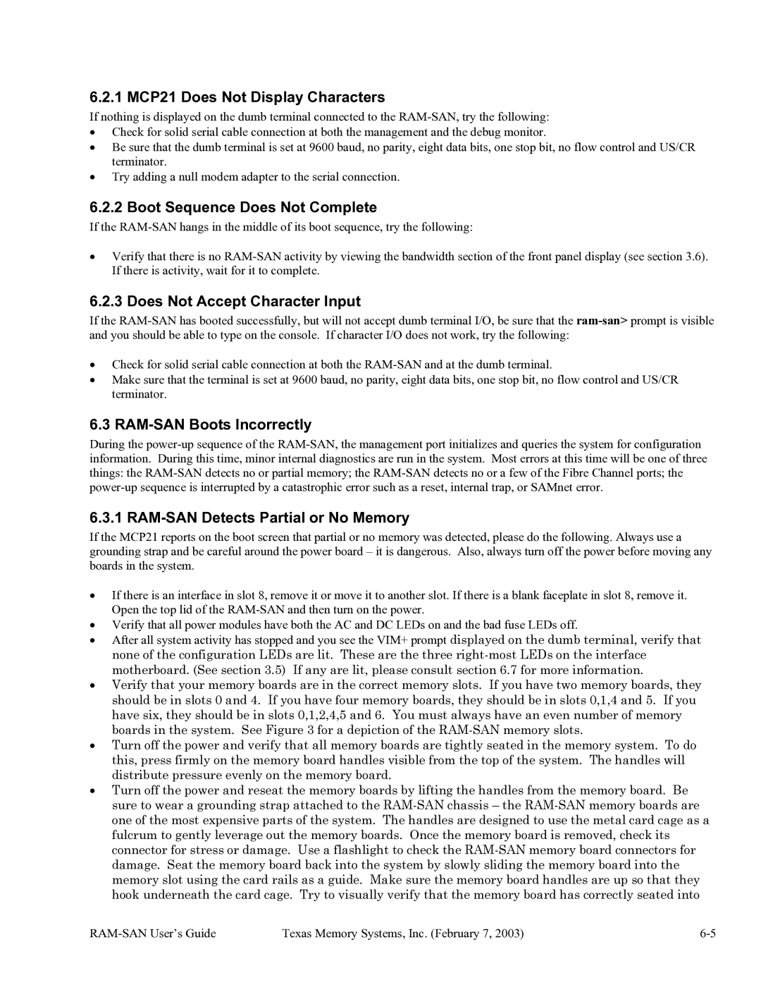 Texas Memory Systems RAM-SAN 520 manual 1 MCP21 Does Not Display Characters, Boot Sequence Does Not Complete 