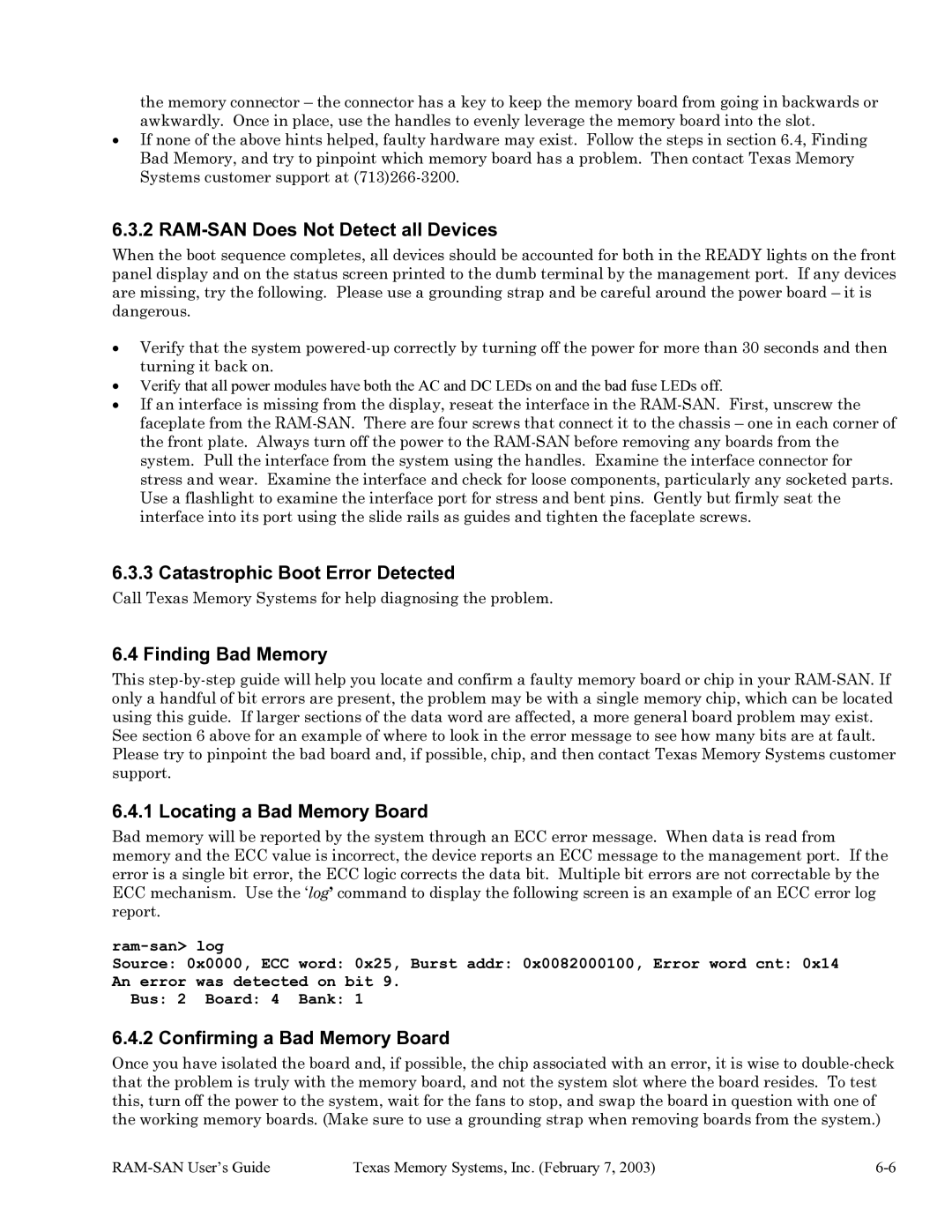 Texas Memory Systems RAM-SAN 520 RAM-SAN Does Not Detect all Devices, Catastrophic Boot Error Detected, Finding Bad Memory 