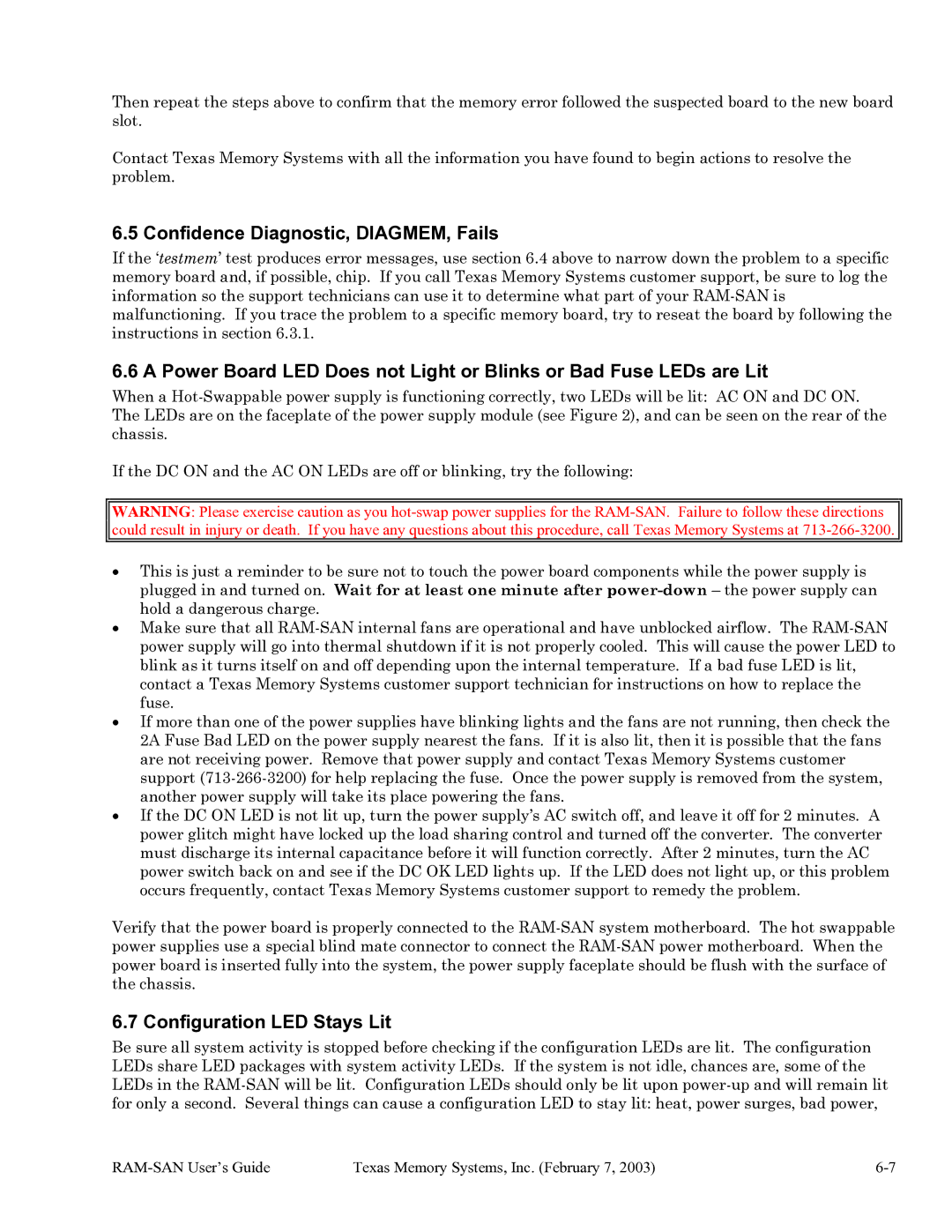 Texas Memory Systems RAM-SAN 520 manual Confidence Diagnostic, DIAGMEM, Fails, Configuration LED Stays Lit 
