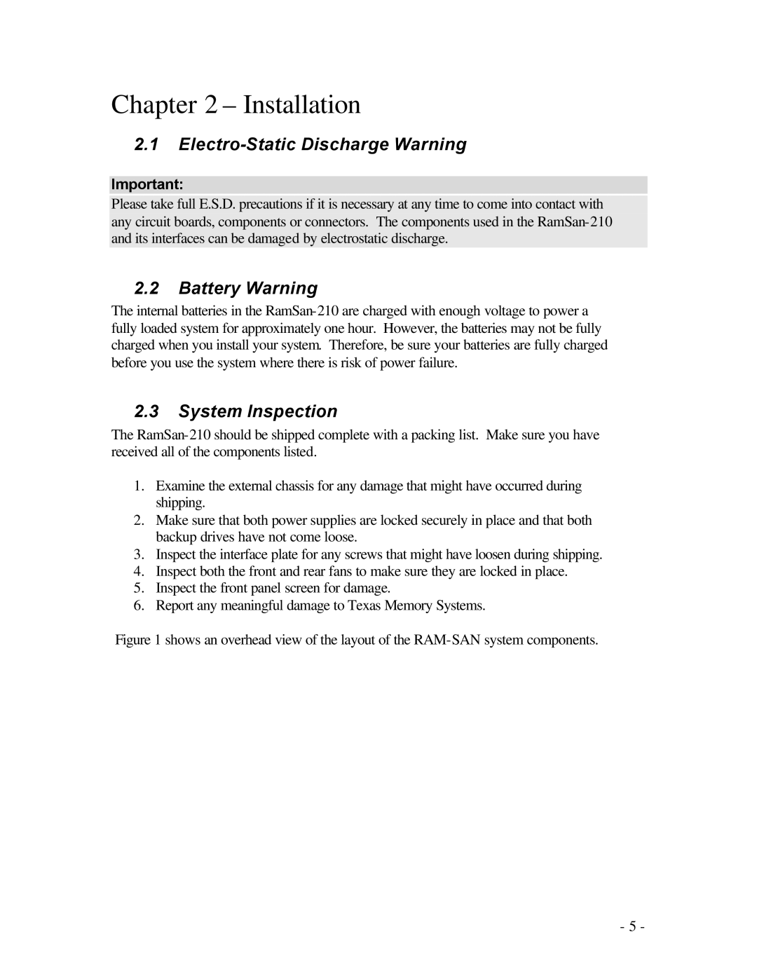 Texas Memory Systems RamSam-210 Installation, Electro-Static Discharge Warning, Battery Warning, System Inspection 