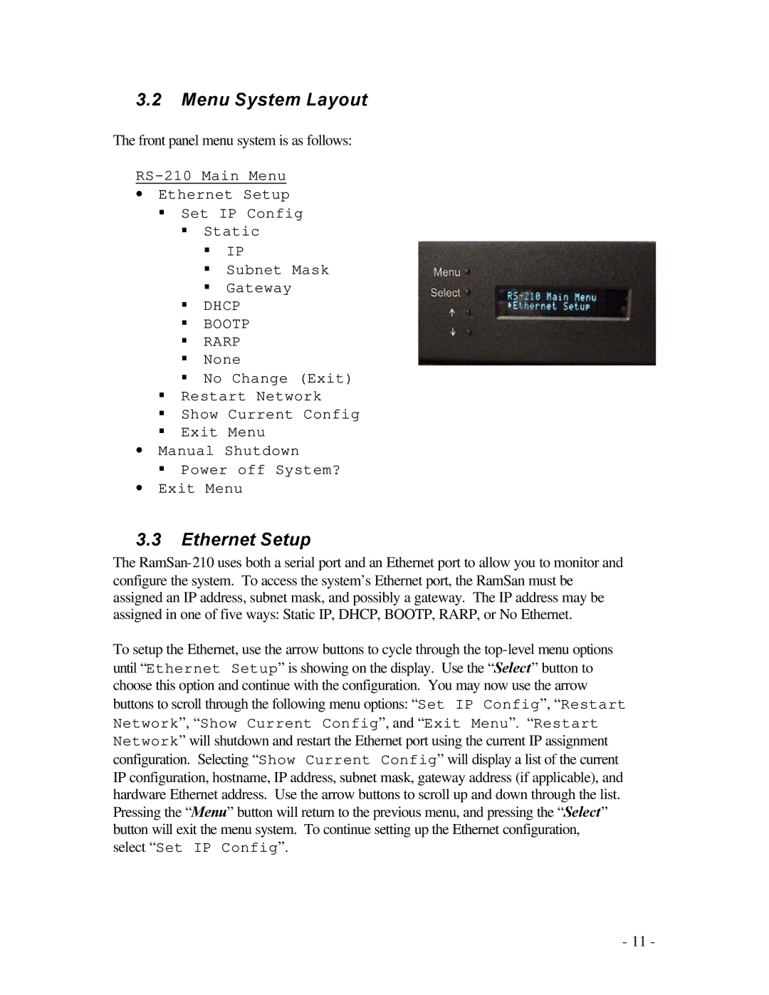 Texas Memory Systems RamSam-210 user manual Menu System Layout, Ethernet Setup 