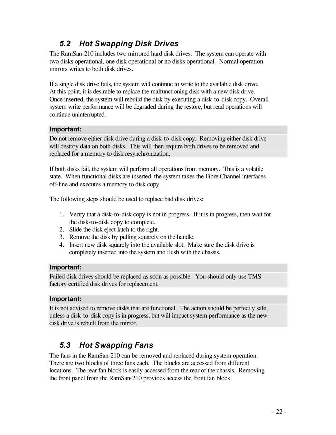 Texas Memory Systems RamSam-210 user manual Hot Swapping Disk Drives, Hot Swapping Fans 