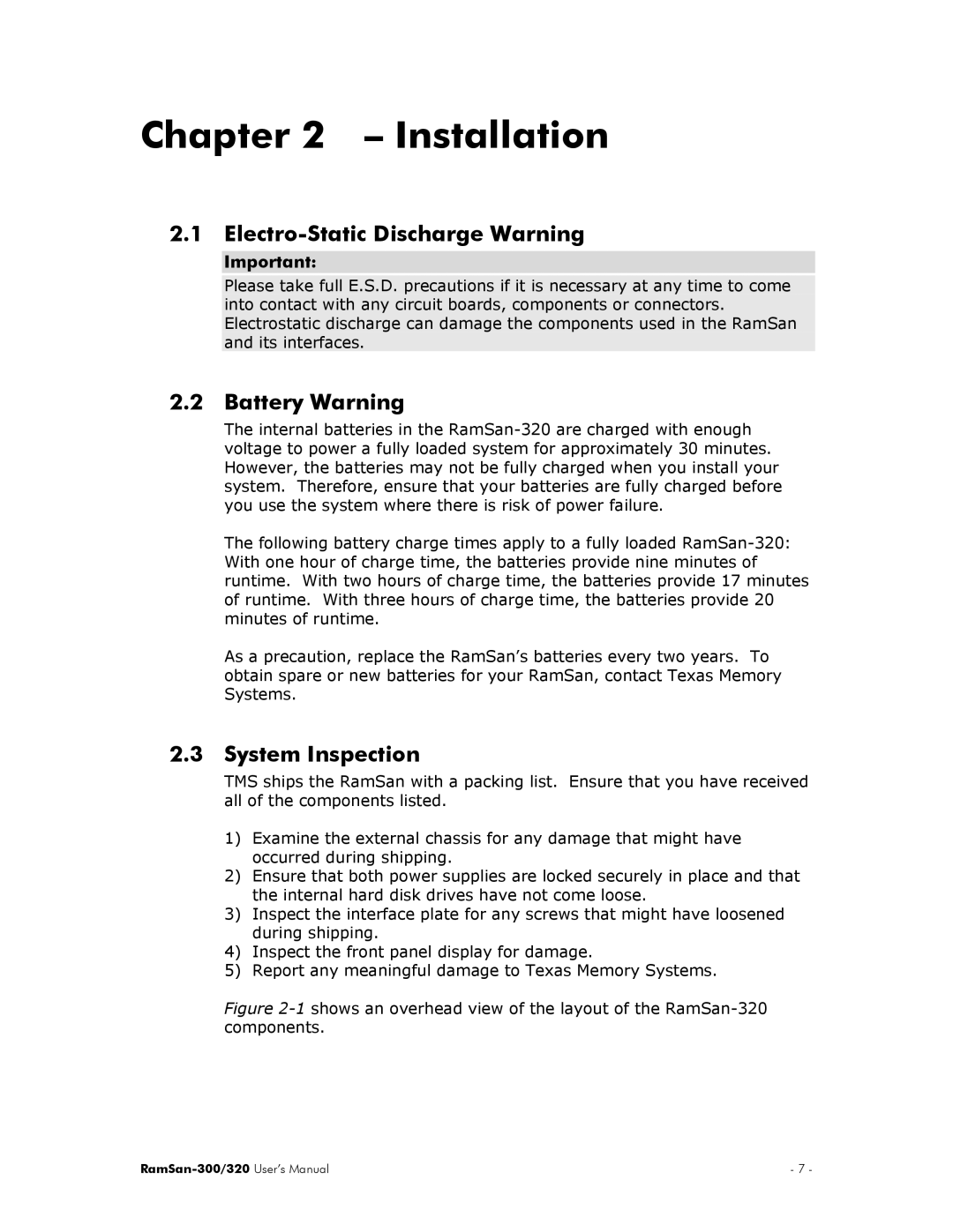 Texas Memory Systems RamSan-300/320 Installation, Electro-Static Discharge Warning, Battery Warning, System Inspection 