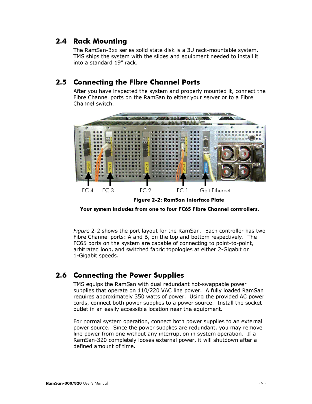 Texas Memory Systems RamSan-300/320 manual Rack Mounting, Connecting the Fibre Channel Ports, Connecting the Power Supplies 